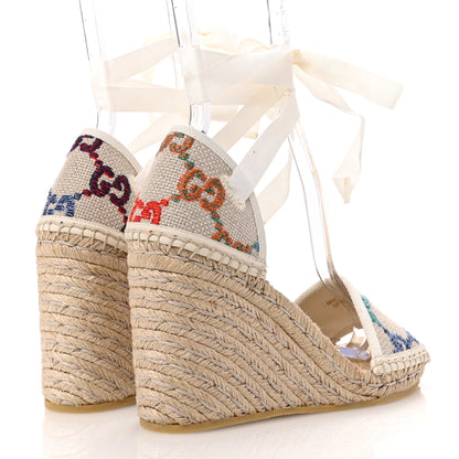 Gucci Linen Psychedelic Mini GG Monogram Ankle Wrap Platform Espadrille Wedge Sandals 36.5 Multicolor Mystic White 5 of 11