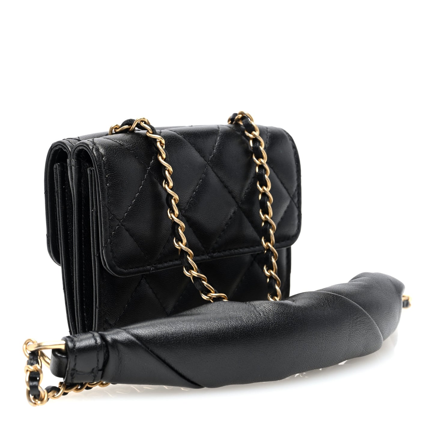 Lambskin Quilted Card Holder with Chain Black