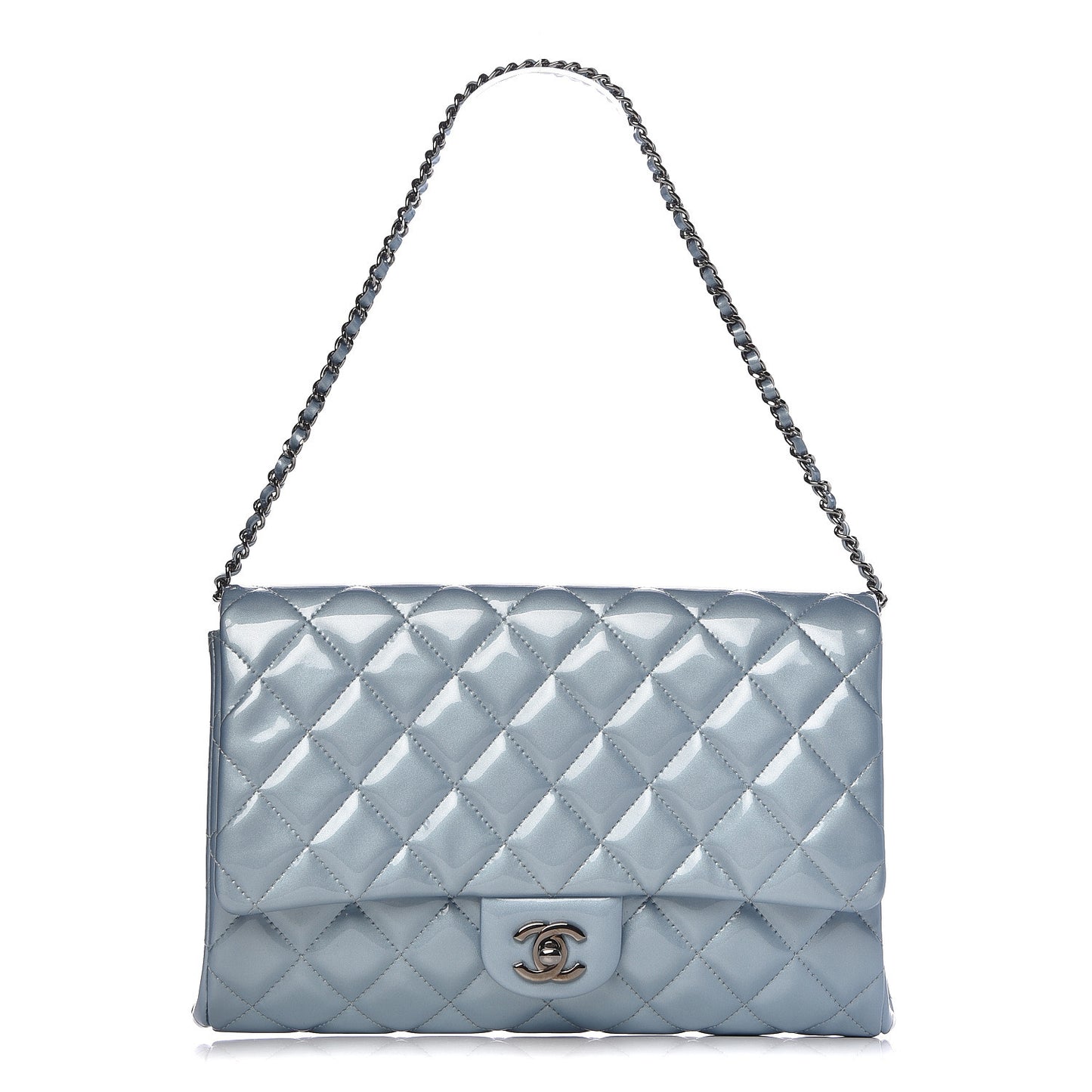 Patent Quilted Clutch with Chain Flap Light Blue