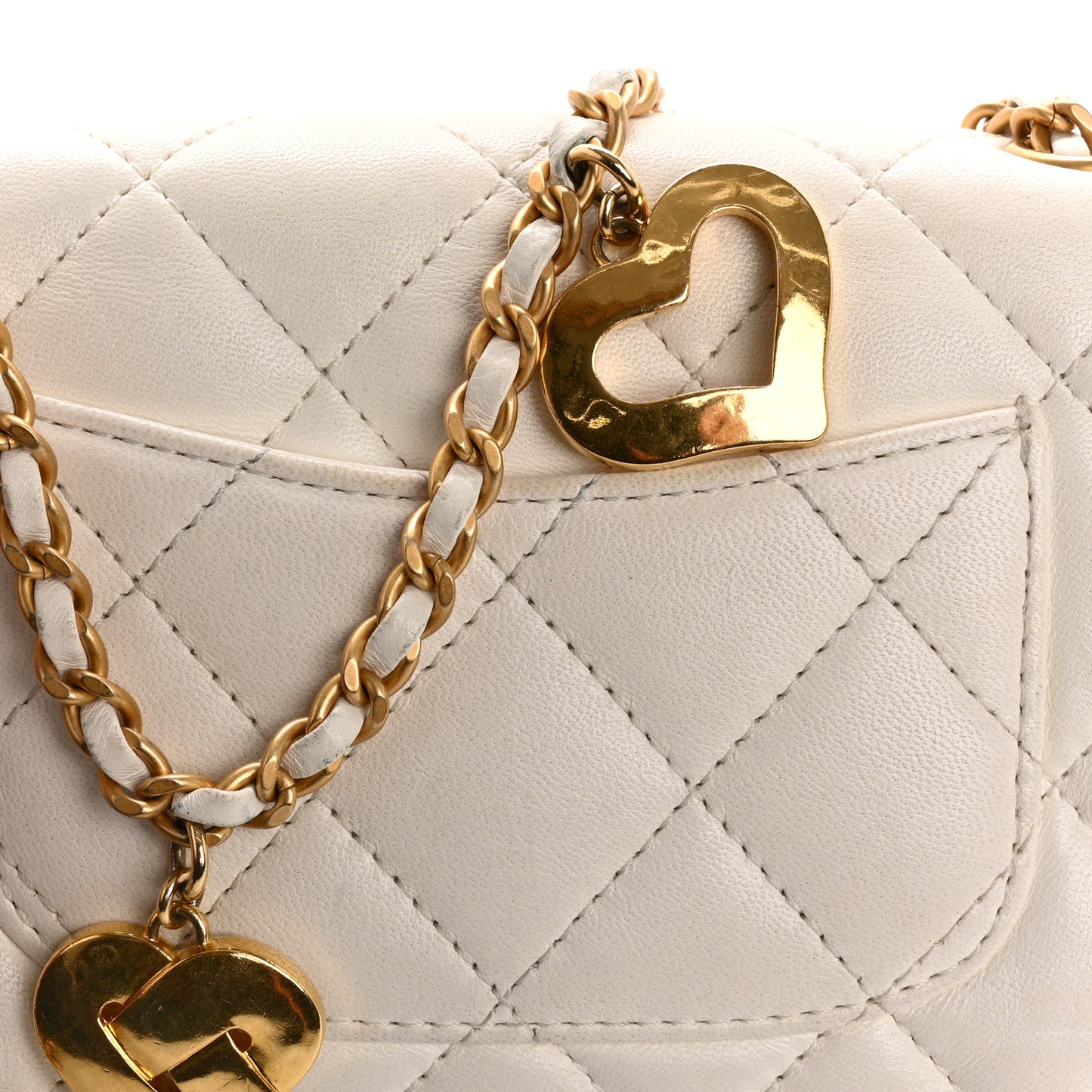 Lambskin Quilted Mini Heart Charms Flap White