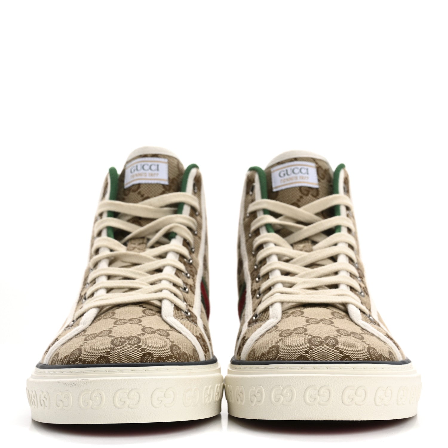 Gucci GG Monogram Web Mens 1977 Tennis High Top Sneakers 11 Beige Ebony Mystic White 3 of 9