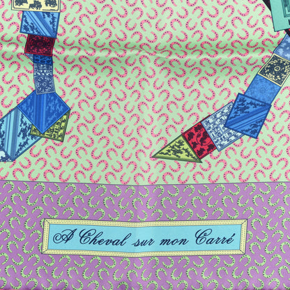 Hermes Silk A Cheval Sur Mon Carre Scarf 90 Vert Pale Mauve Rose Bonbon 3 of 4