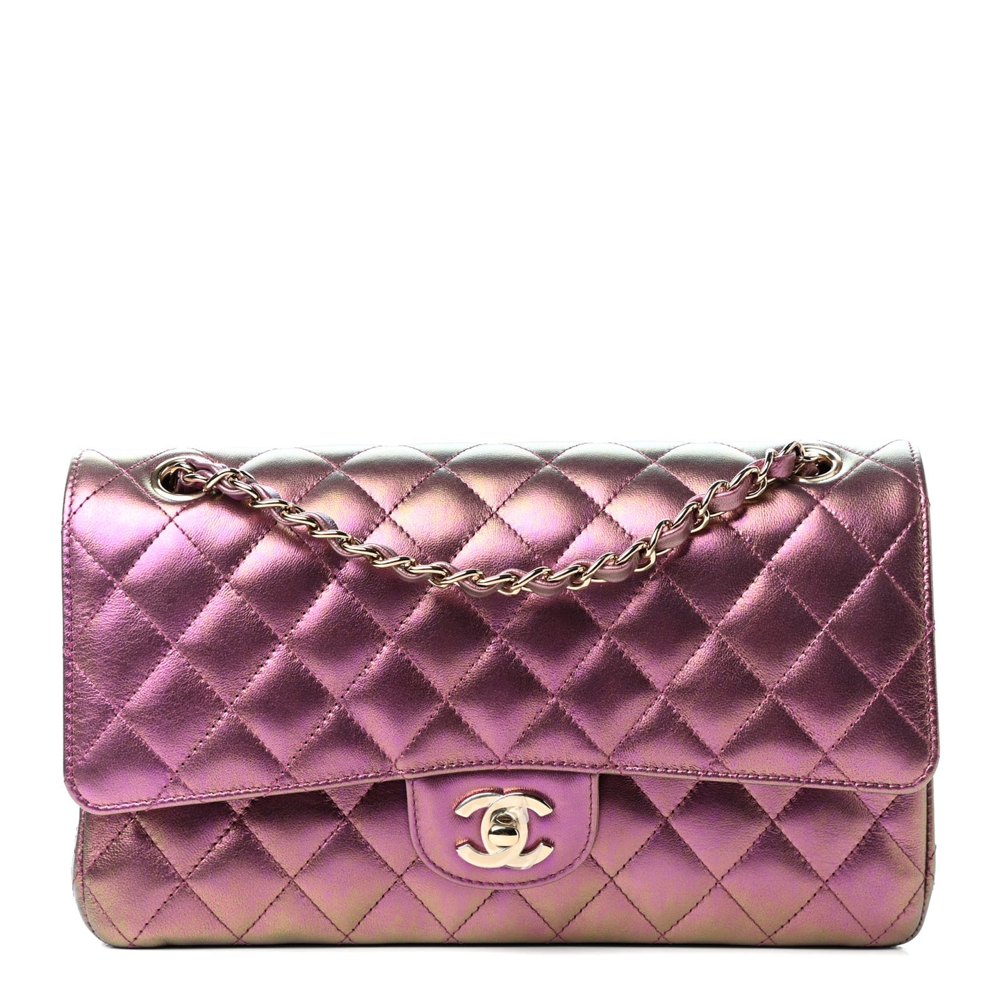 Iridescent Lambskin Quilted Medium Double Flap Purple