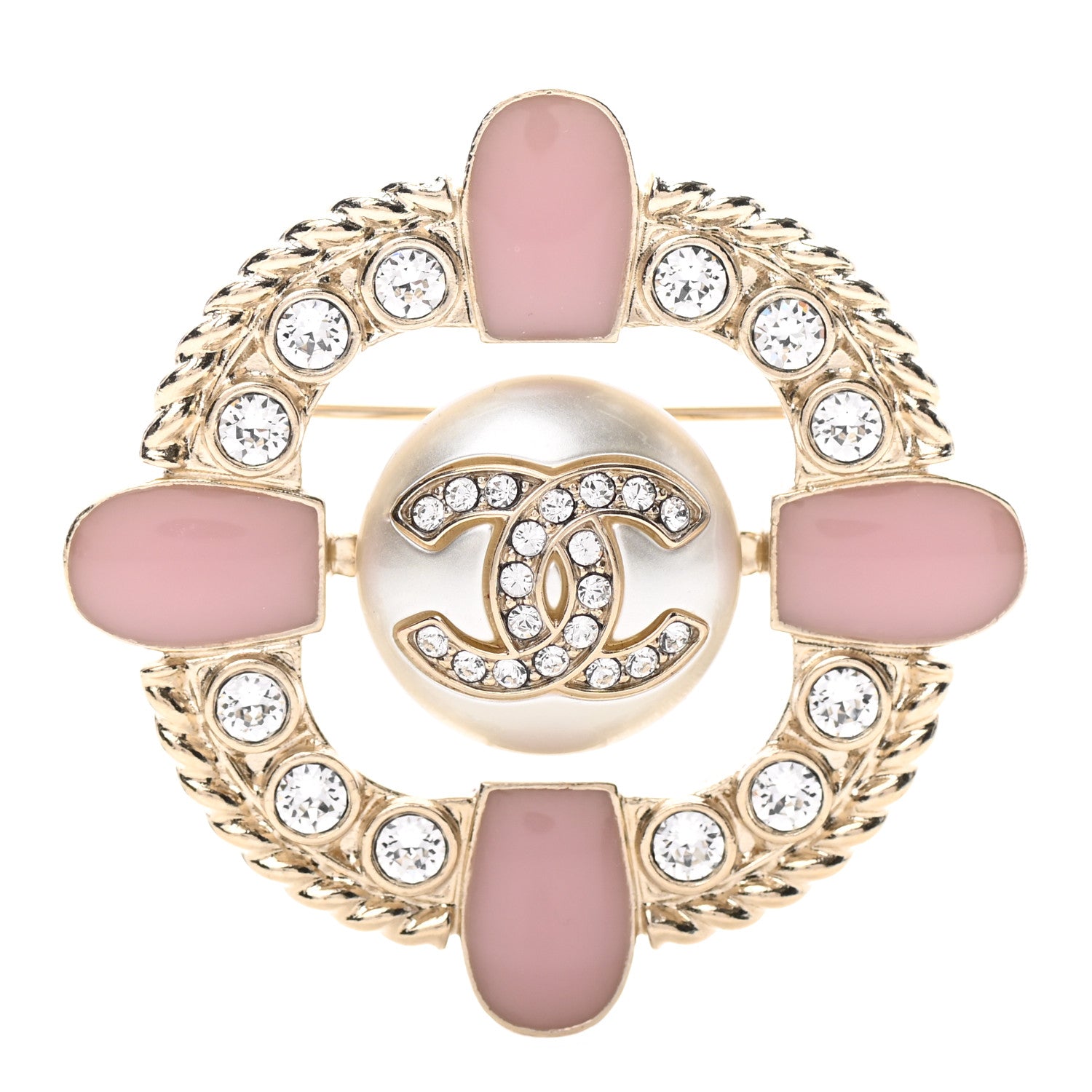 Chanel Crystal Pearl Enamel CC Brooch Gold Pink 1 of 4