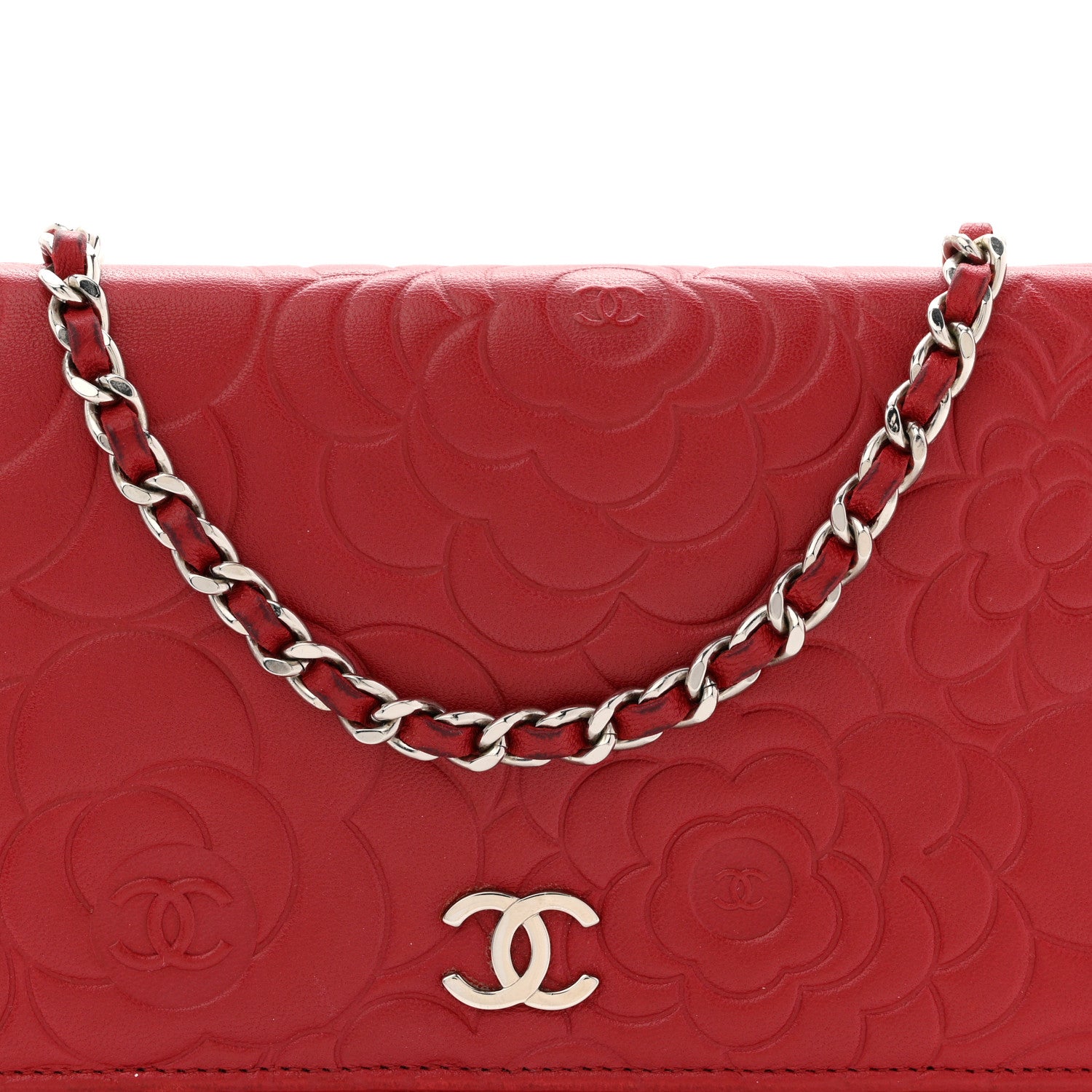 Chanel Lambskin Camellia Embossed Wallet On Chain WOC Red 8 of 12