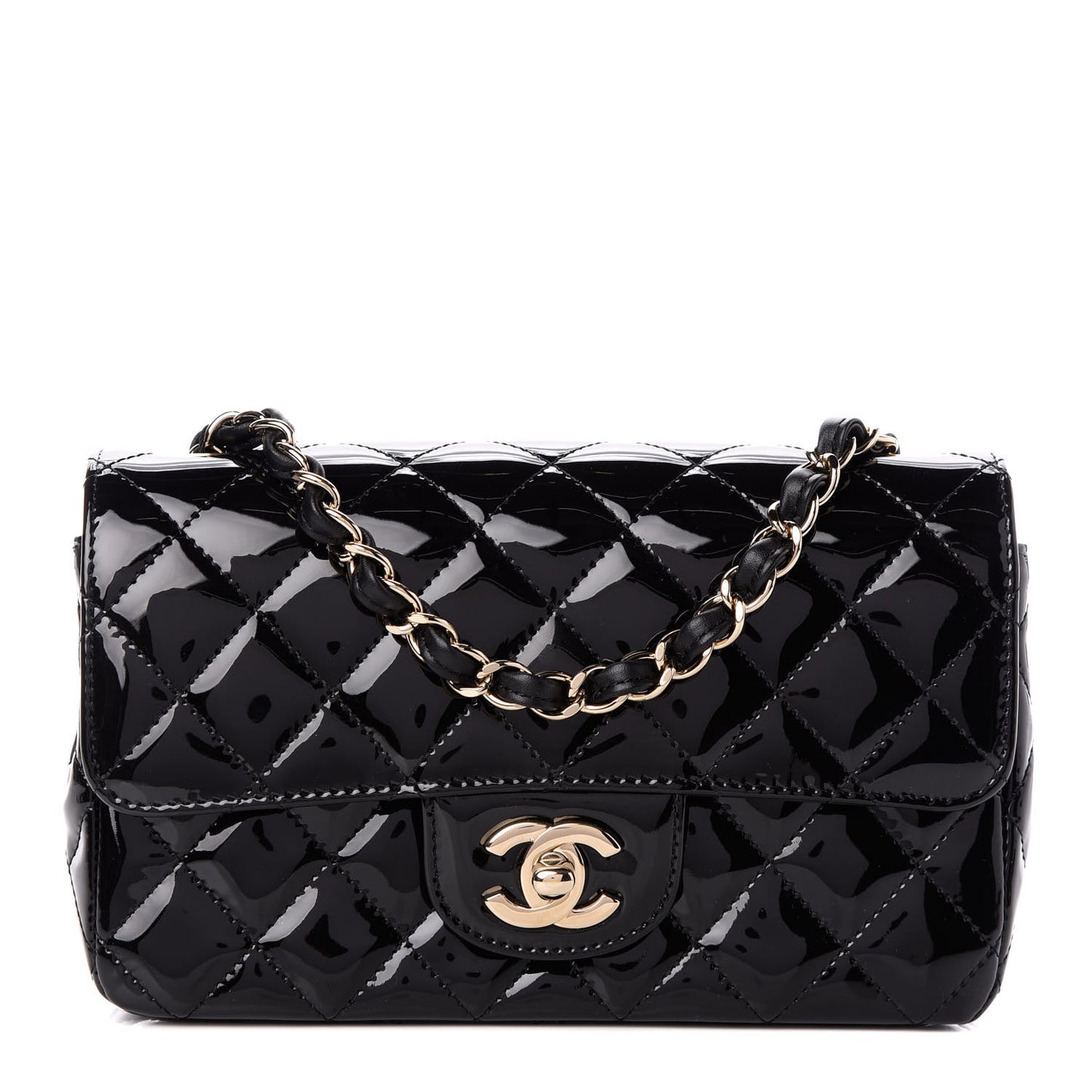Patent Calfskin Quilted Mini Rectangular Flap Black