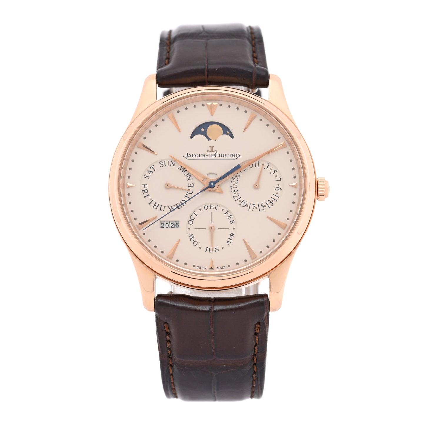 18K Pink Gold Alligator 39mm Master Ultra Thin Perpetual Calendar Automatic Watch Beige Q1303520