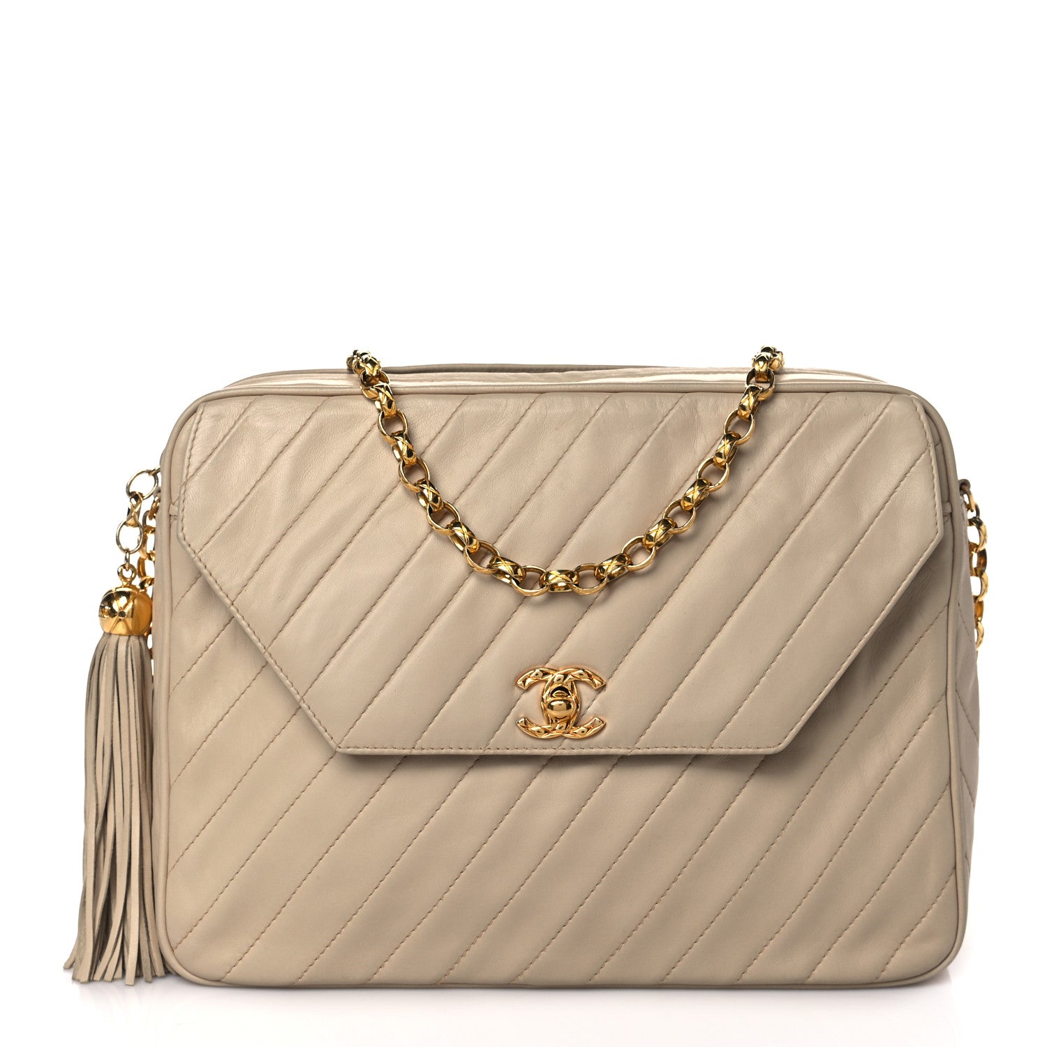 Chanel Lambskin Diagonal Quilted Tassel Camera Bag Light Beige 1 of 8