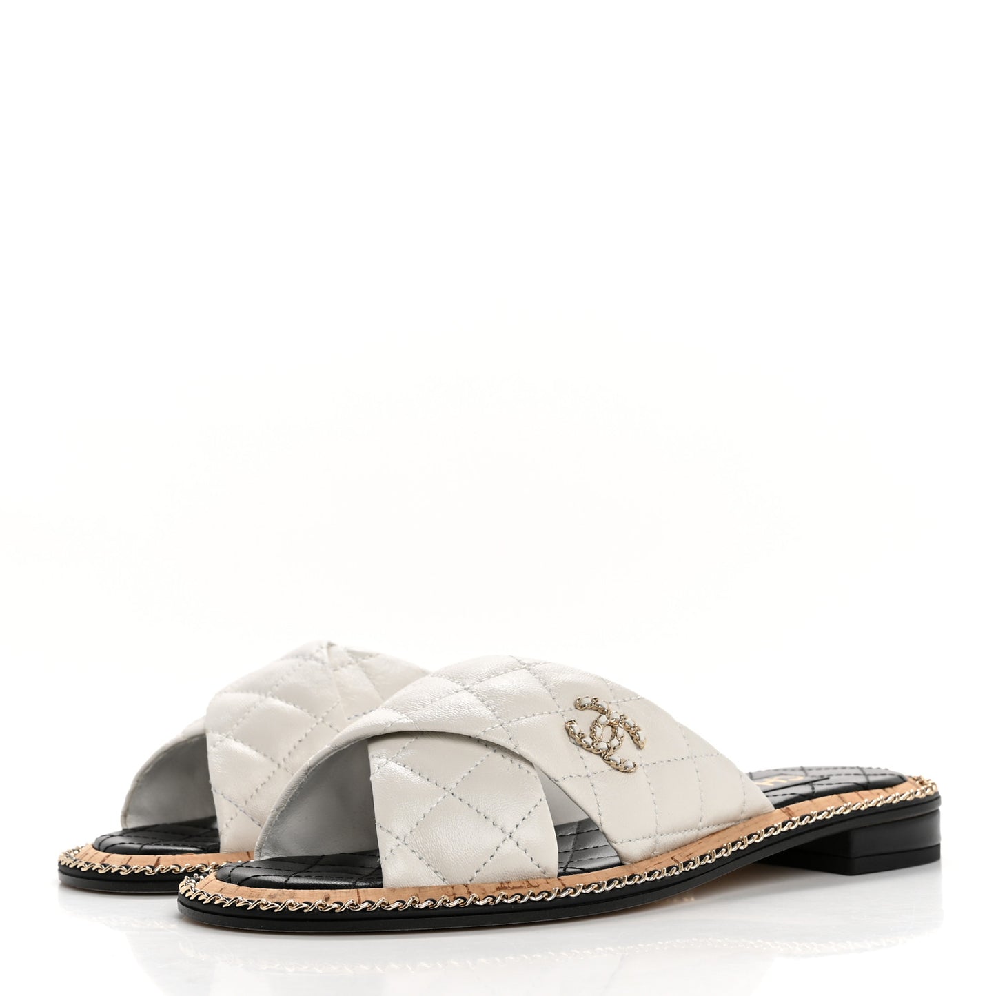 Lambskin Quilted Chain CC Sandals 37.5 White