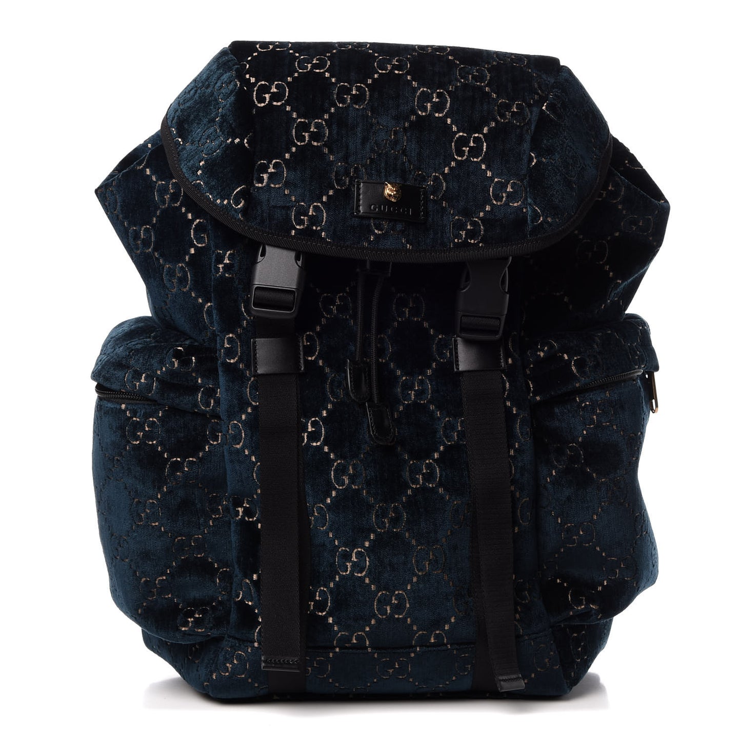 Velvet GG Monogram Web Medium Double Buckle Backpack Blue Beige Black