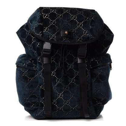 Gucci Velvet GG Monogram Web Medium Double Buckle Backpack Blue Beige Black 1 of 9