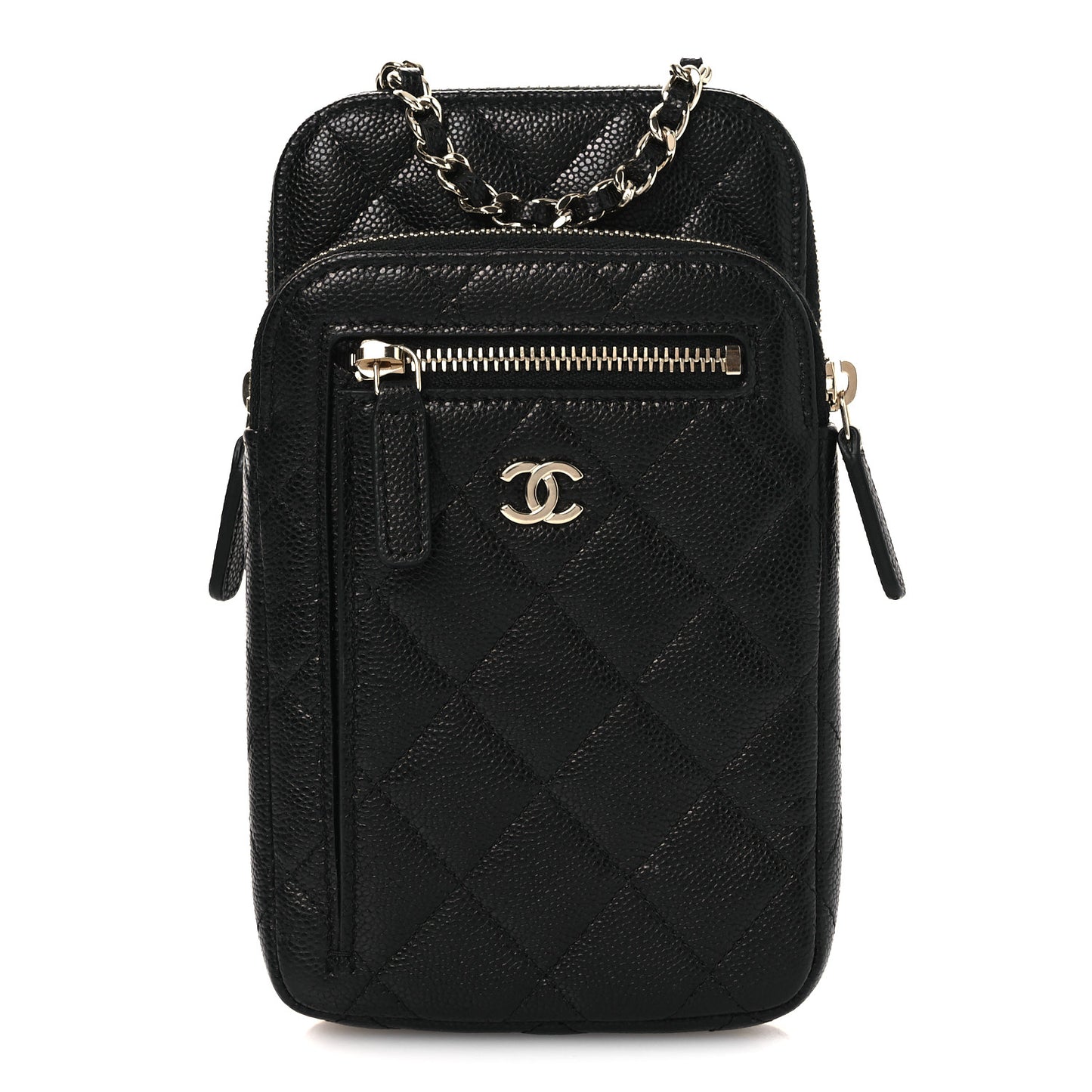 Caviar Quilted Phone Holder With Chain Black