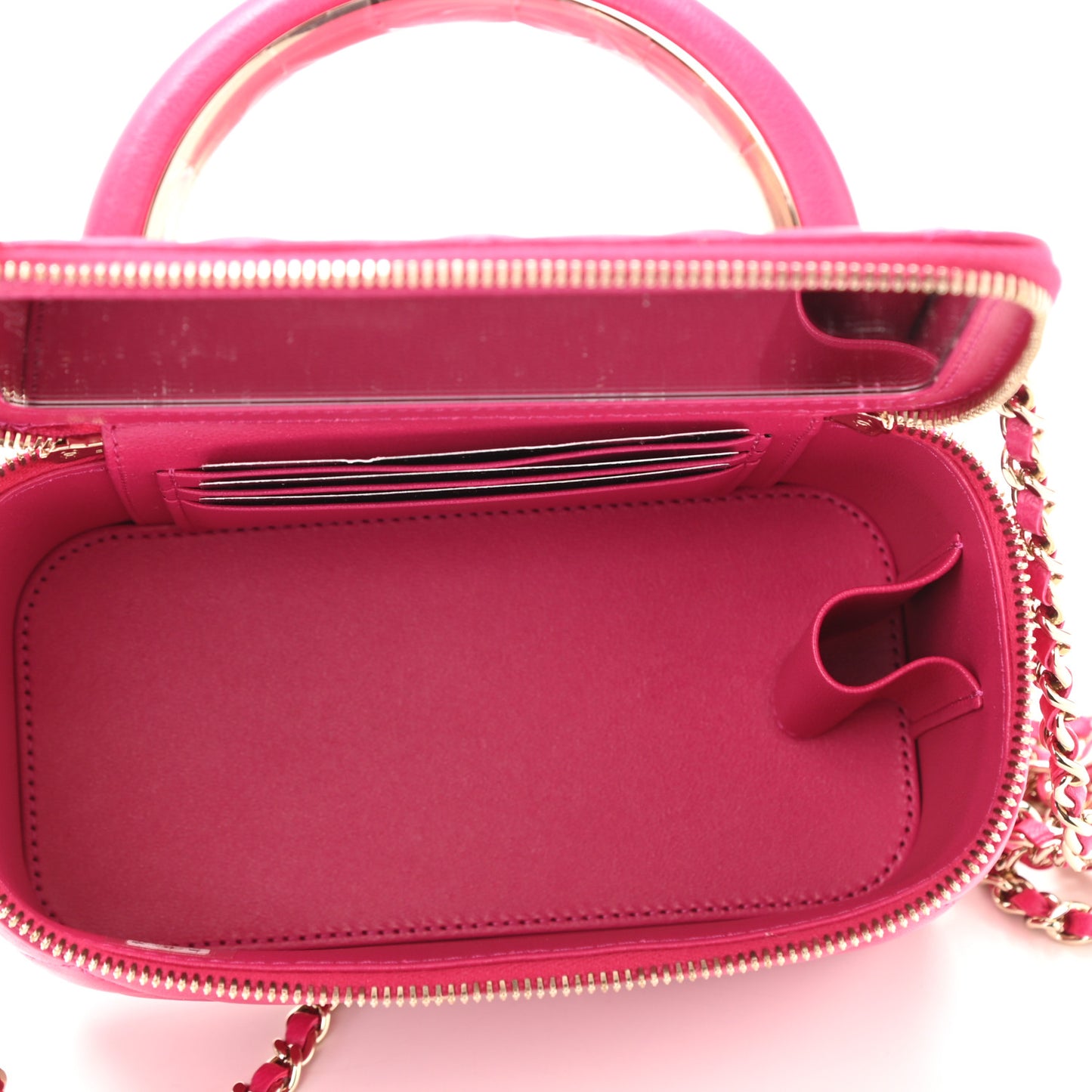 Lambskin Quilted Small Top Handle Vanity Case With Chain Dark Pink
