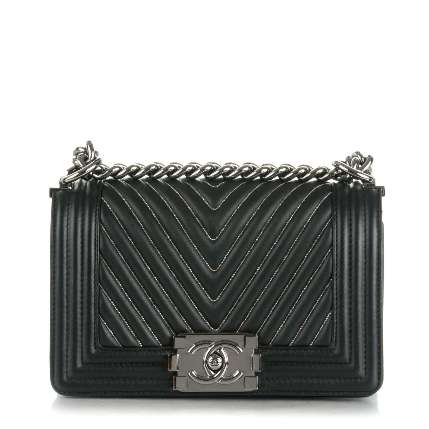 Calfskin Chain Chevron Small Boy Flap Black