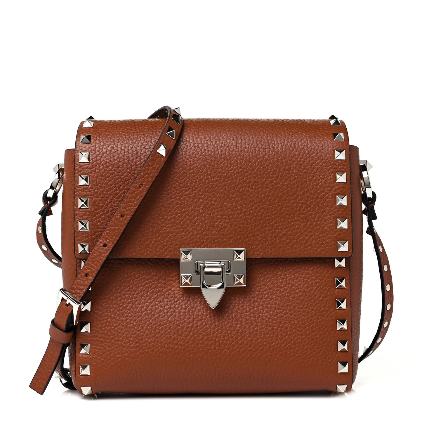 Pebbled Calfskin Rockstud Flip Lock Flap Messenger Saddle Brown