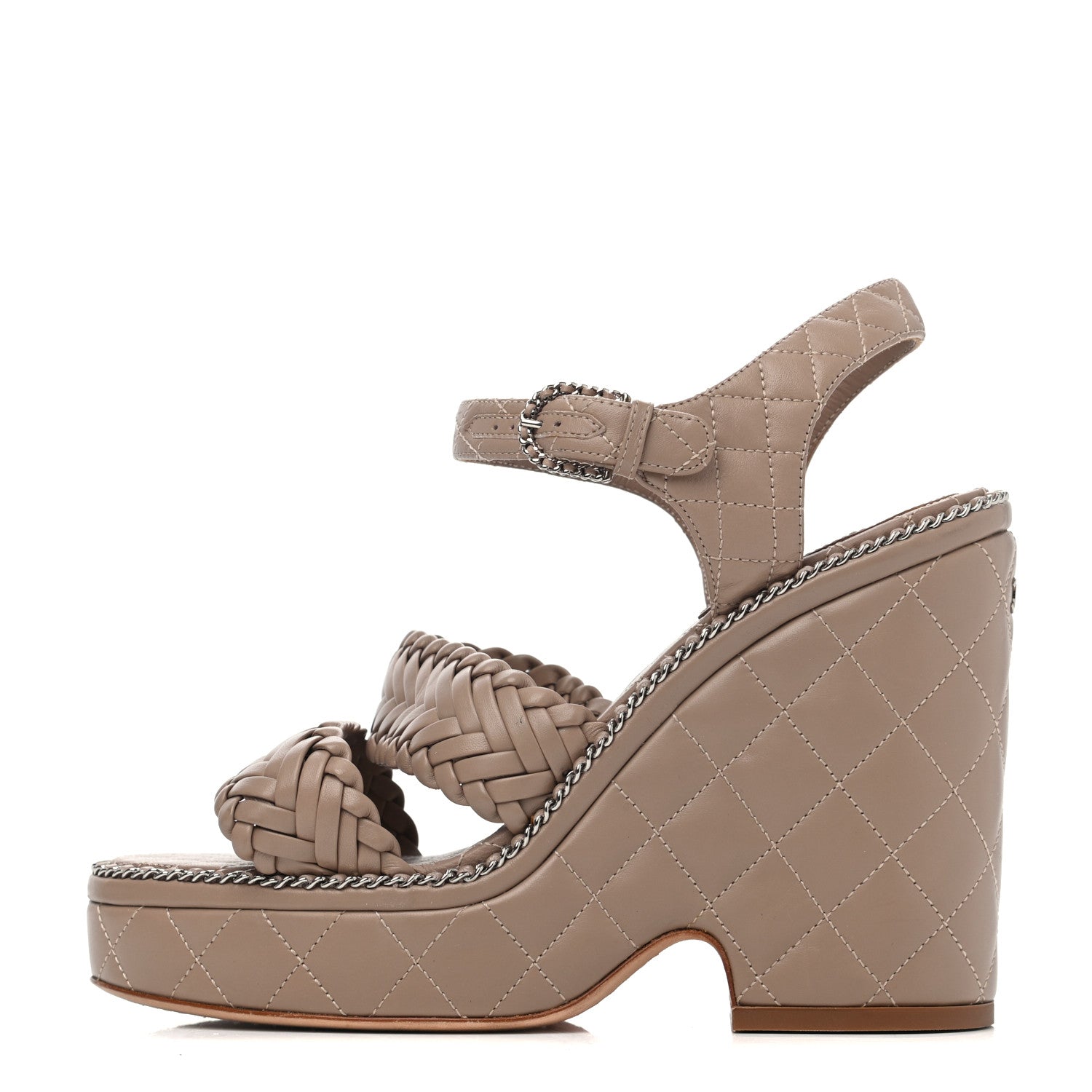 Chanel Calfskin Quilted Chain Around Wedge Sandals 38 Light Beige 1 of 4