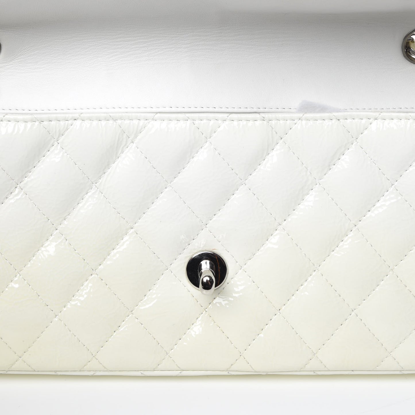 Distressed Patent Calfskin Quilted East West Flap White