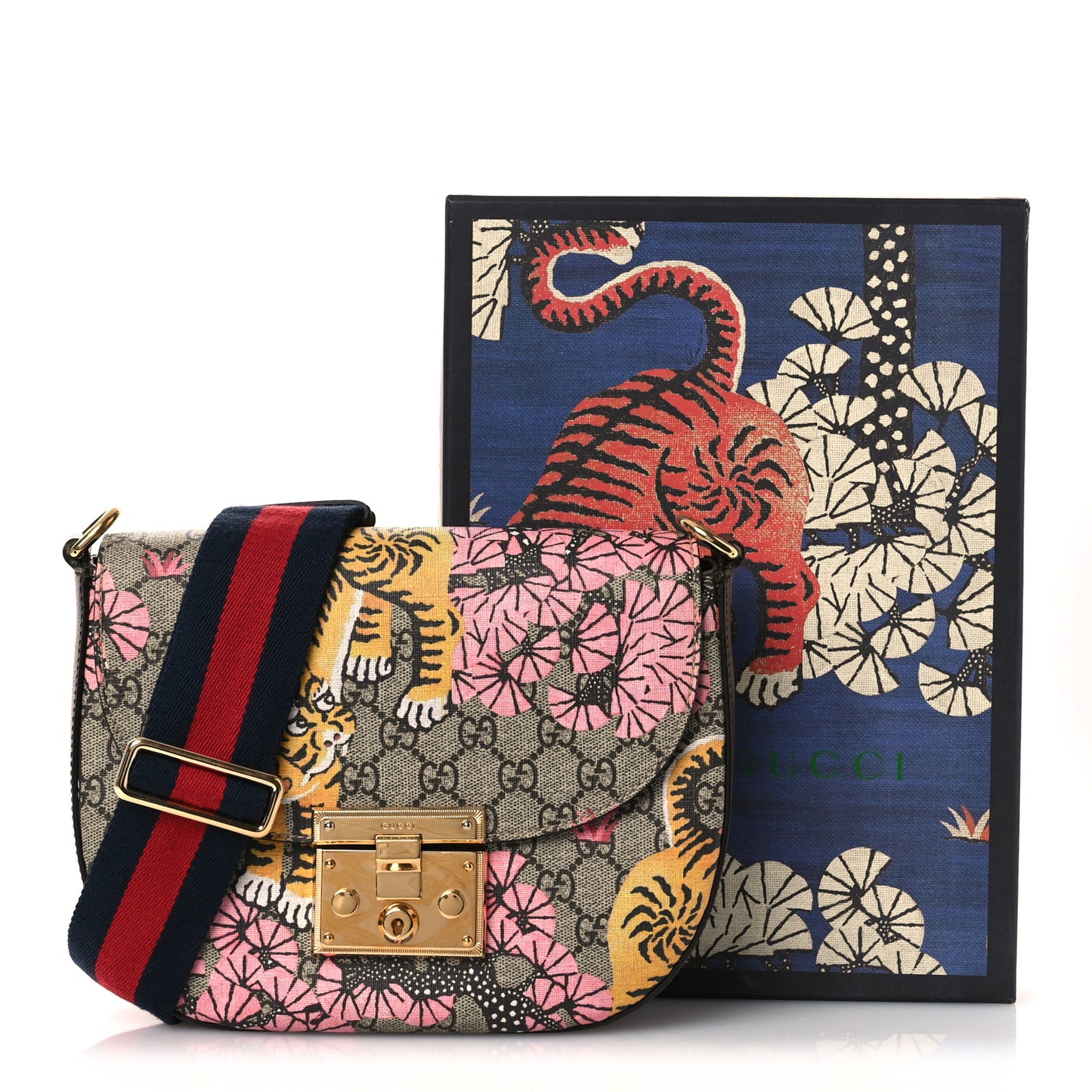 GG Supreme Monogram Bengal Web Medium Padlock Messenger Shoulder Bag Beige Pink