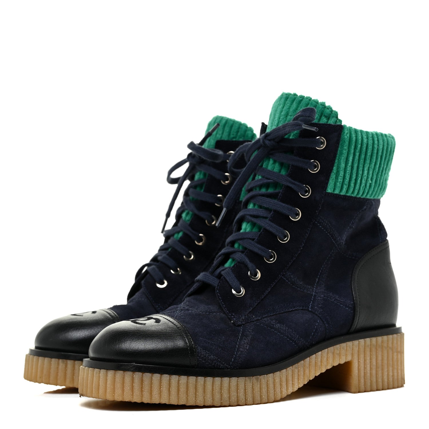 Chanel Suede Calfskin Velvet Quilted CC Combat Boots 38.5 Navy Green Black 3 of 12