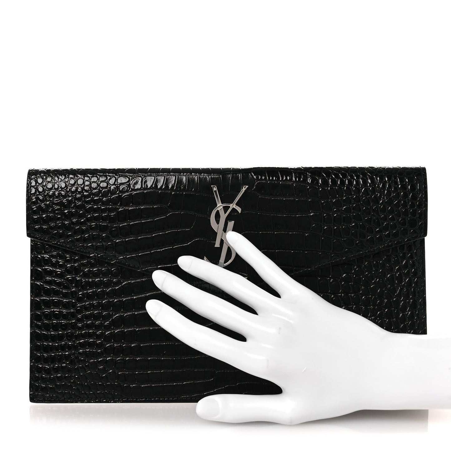 Calfskin Crocodile Embossed Uptown Monogram Clutch Black