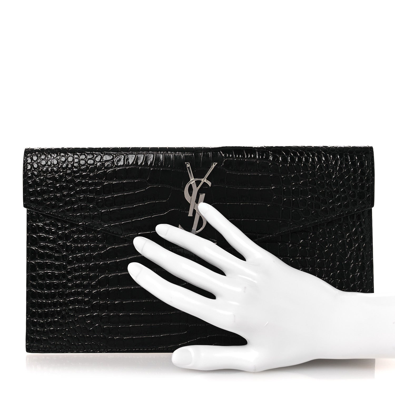 Saint Laurent Calfskin Crocodile Embossed Uptown Monogram Clutch Black 2 of 8