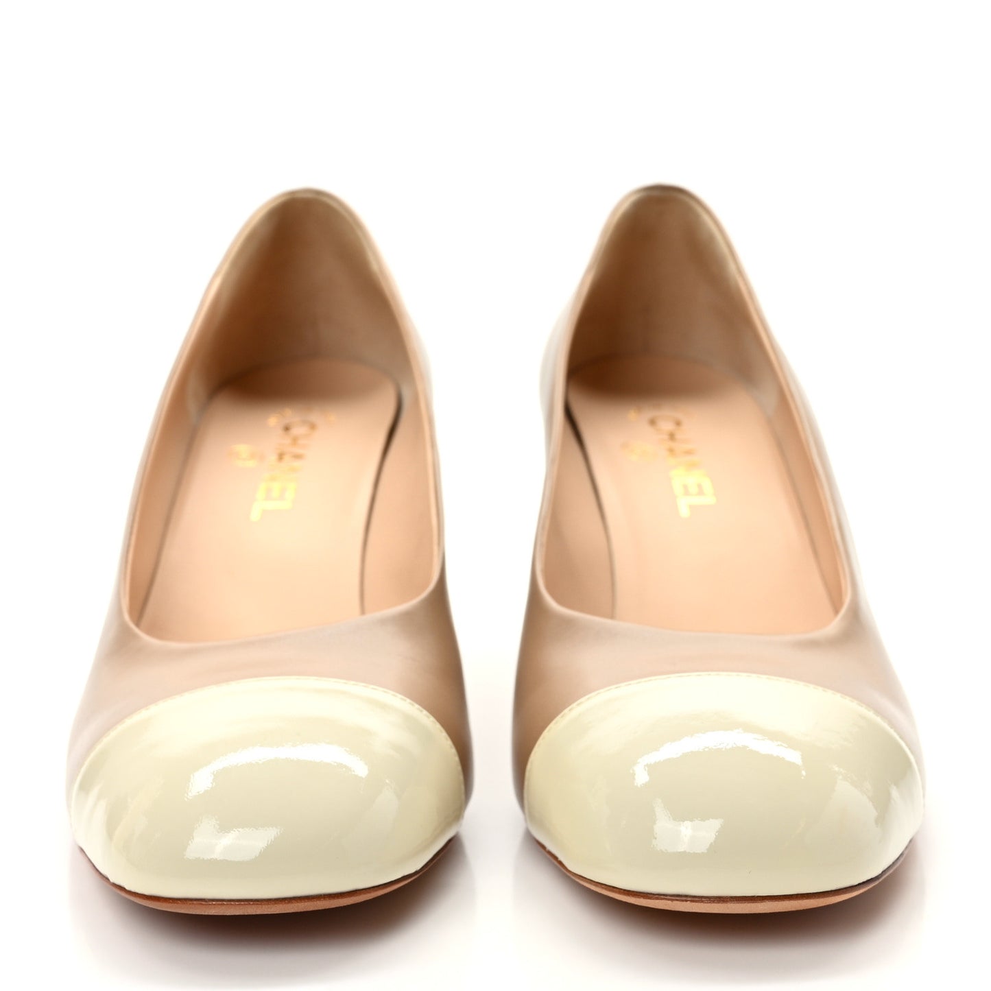 Lambskin Patent Cap Toe Pumps 41 Beige White