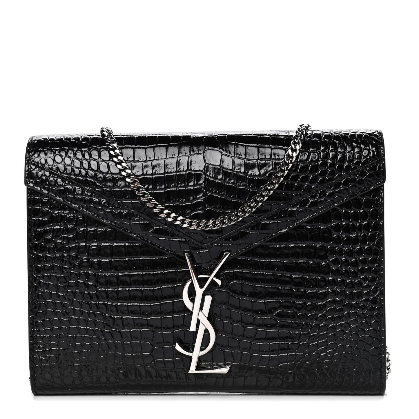 Calfskin Crocodile Embossed Monogram Cassandra Chain Wallet Black Rouge Legion