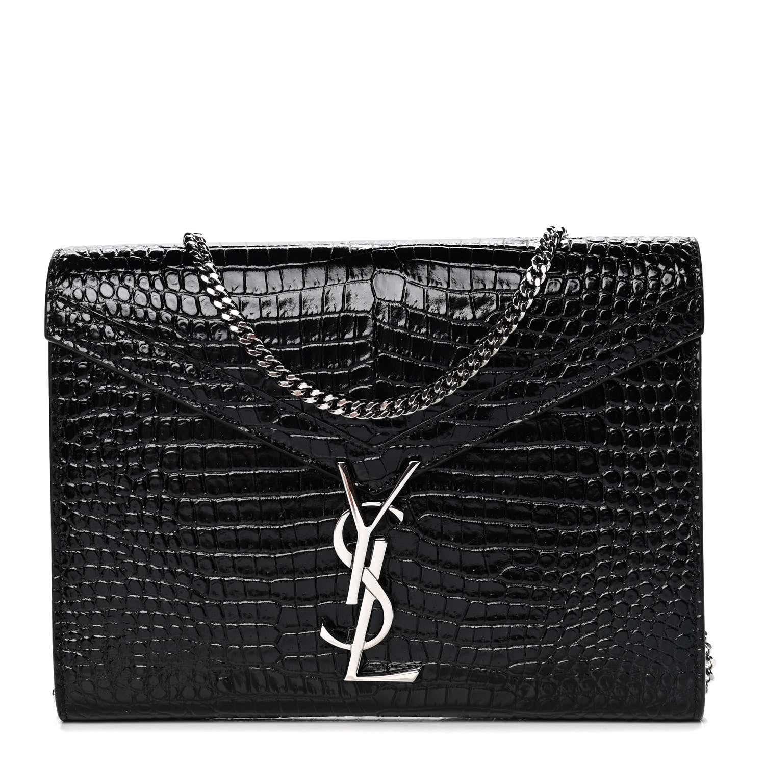 Saint Laurent Calfskin Crocodile Embossed Monogram Cassandra Chain Wallet Black Rouge Legion 1 of 4