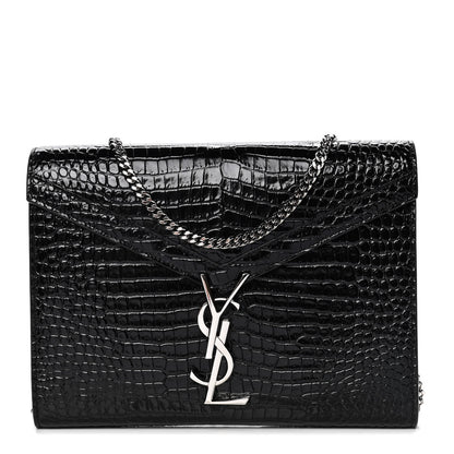 Saint Laurent Calfskin Crocodile Embossed Monogram Cassandra Chain Wallet Black Rouge Legion 1 of 4