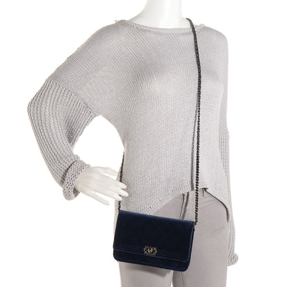 Chanel Velvet Quilted Boy Wallet On Chain WOC Navy 2 of 8