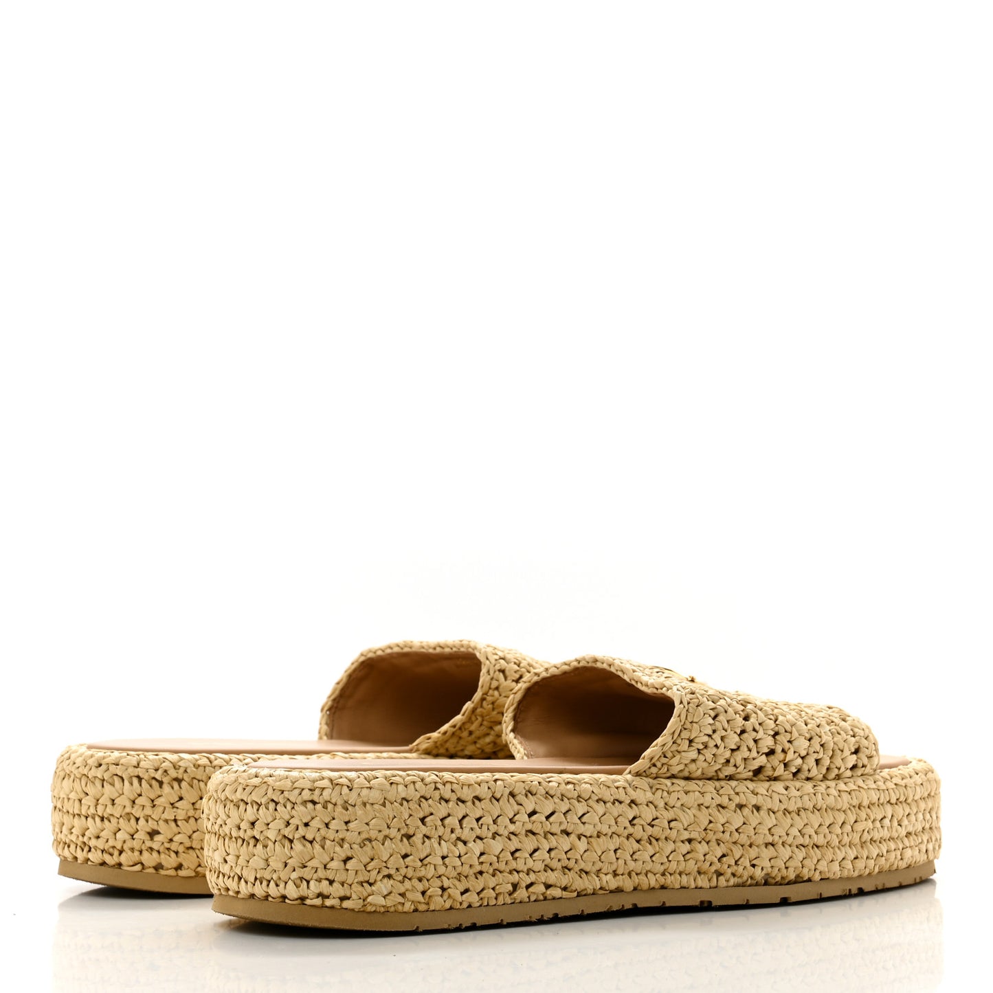 Raffia Metal Triangle Logo Woven Flatform 35mm Slide Sandals 39 Naturale
