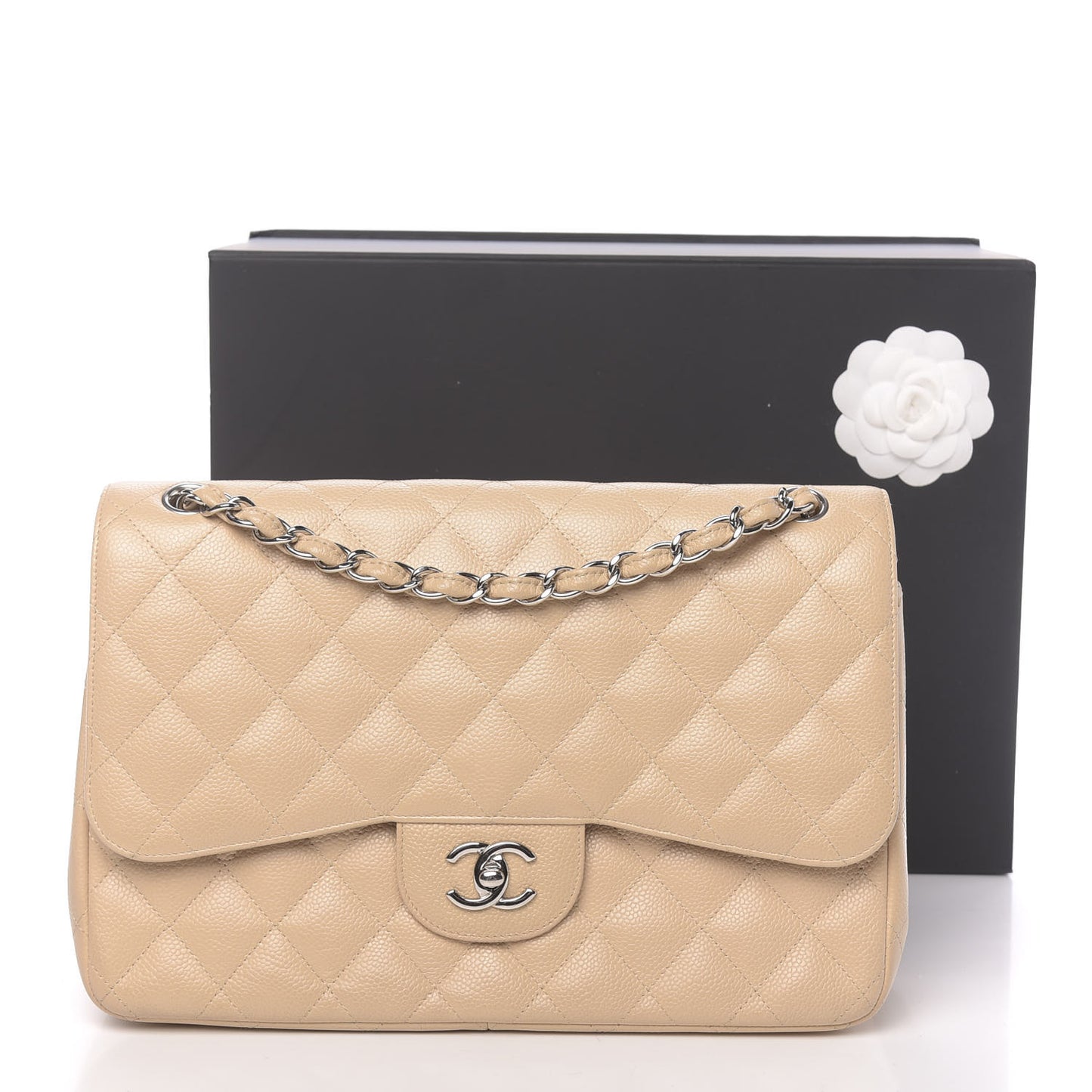 Caviar Quilted Jumbo Double Flap Beige