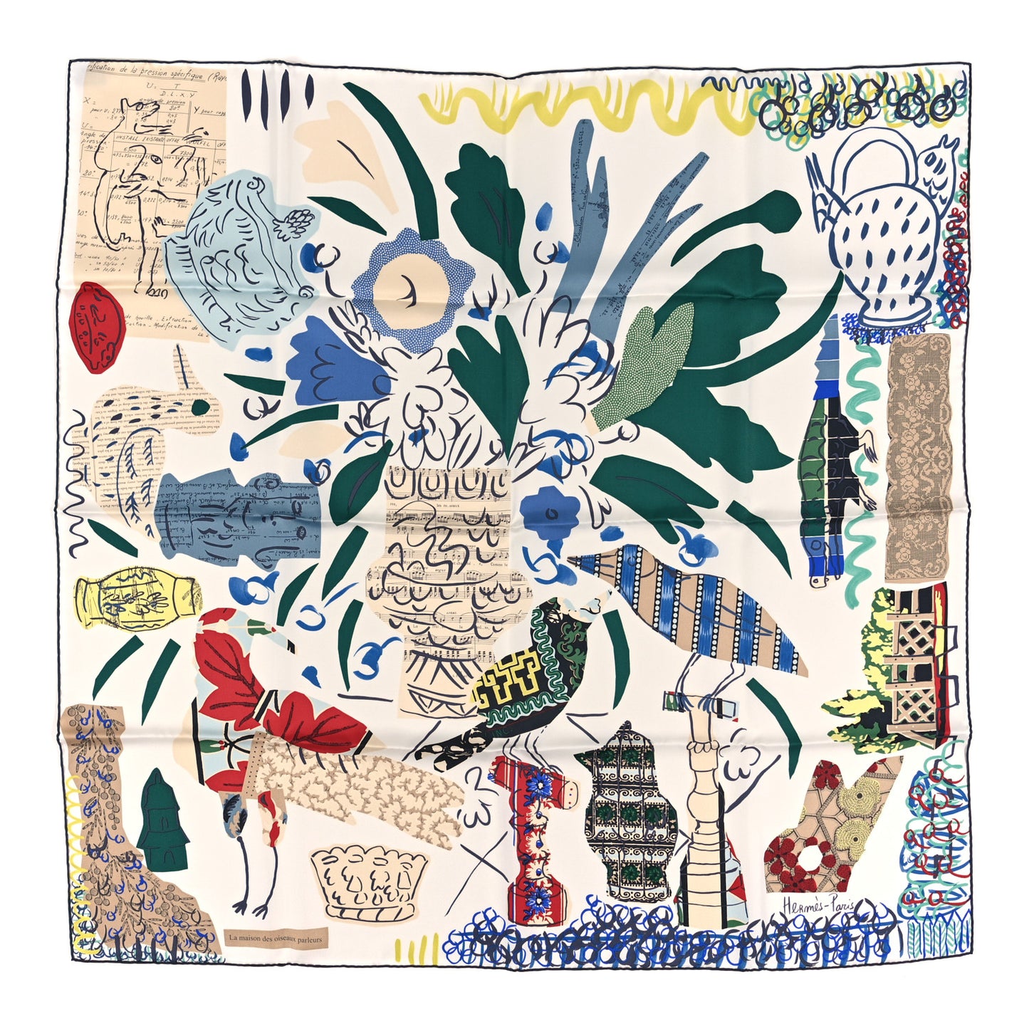 Silk La Maizeon Des Oiseaux Parleurs Scarf 90 White Blue Jean Vert