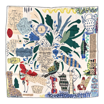 Hermes Silk La Maizeon Des Oiseaux Parleurs Scarf 90 White Blue Jean Vert 1 of 3