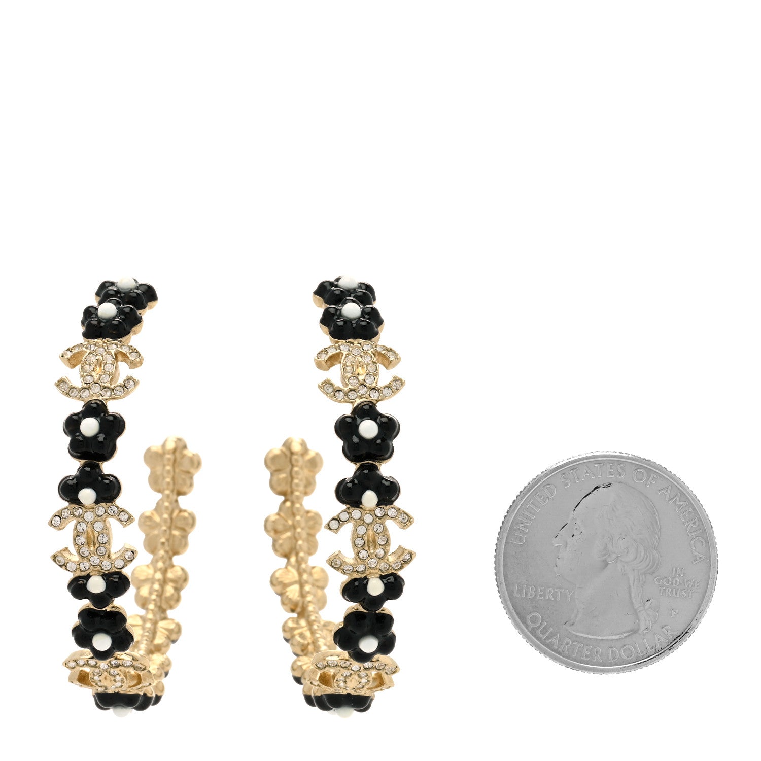 Chanel Metal Strass Crystal Flower CC Hoop Earrings Gold Black White 2 of 4
