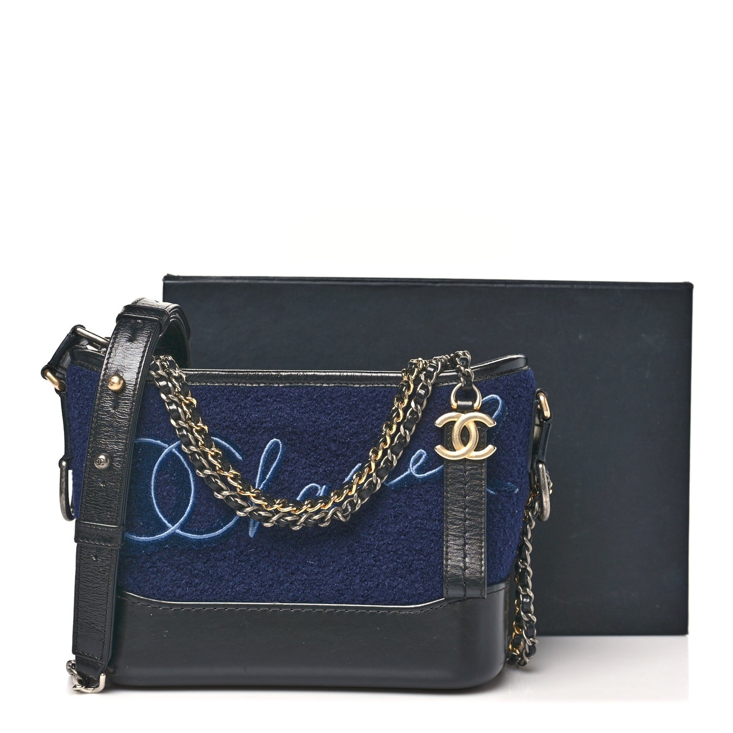 Calfskin Wool Embroidered Paris Hamburg Medium Gabrielle Hobo Dark Navy Blue