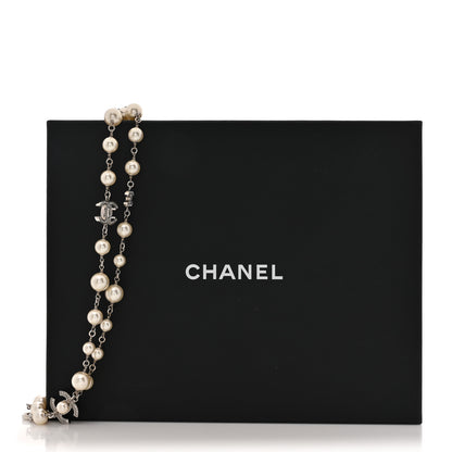 Chanel Graduated Pearl Crystal CC Long Necklace Silver 5 of 5