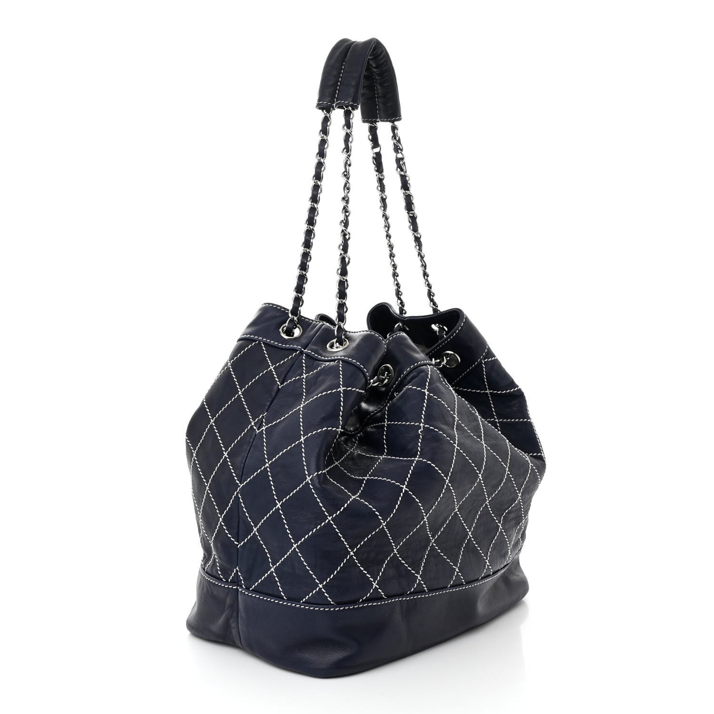 Lambskin Contrast Stitch Large Drawstring Tote Navy