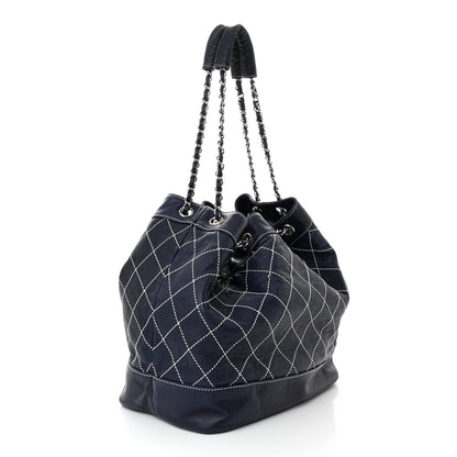 Chanel Lambskin Contrast Stitch Large Drawstring Tote Navy 3 of 12