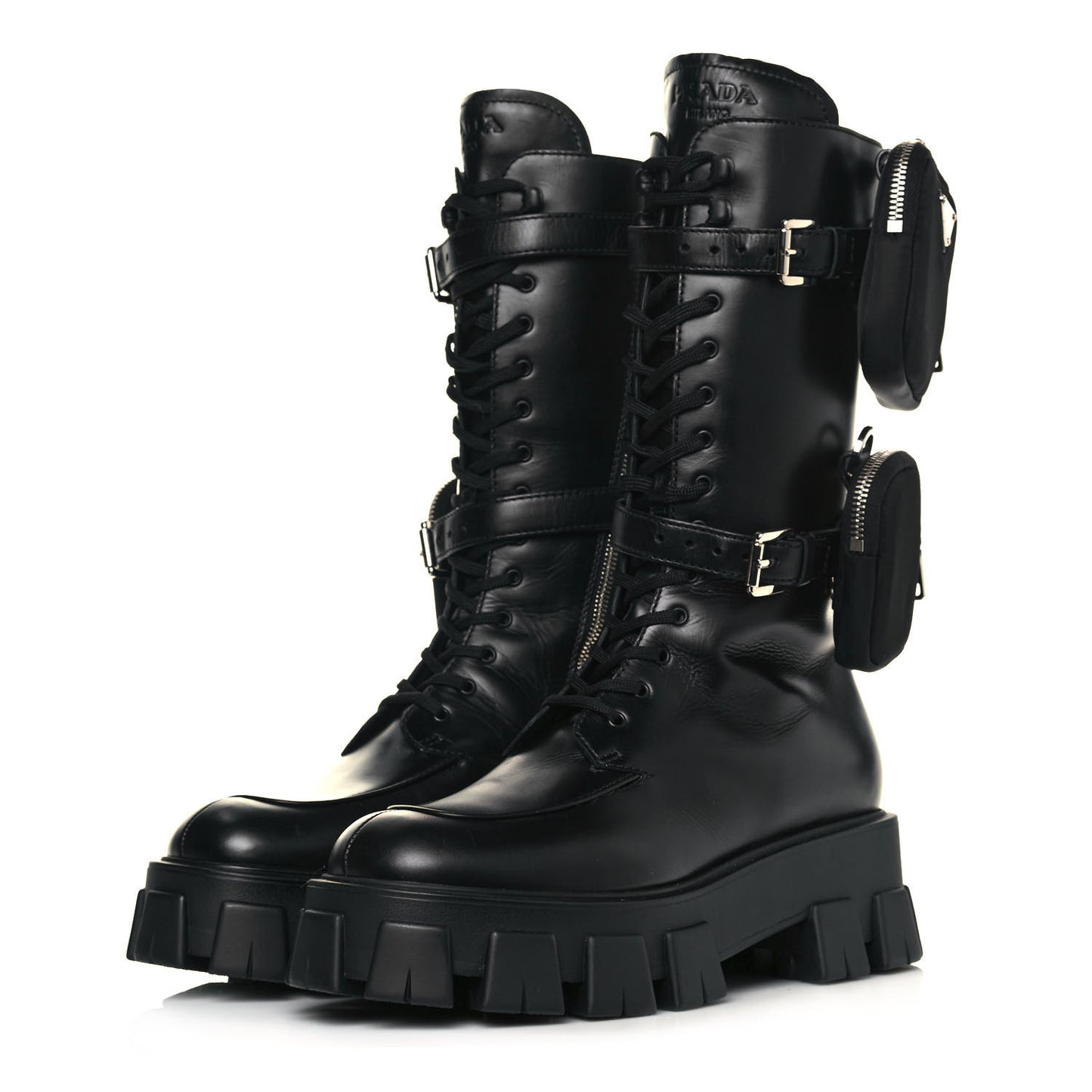 Vitello Lux Nylon Metal Triangle Logo Monolith Pouch Pocket 55mm Tall Combat Boots 40.5 Black