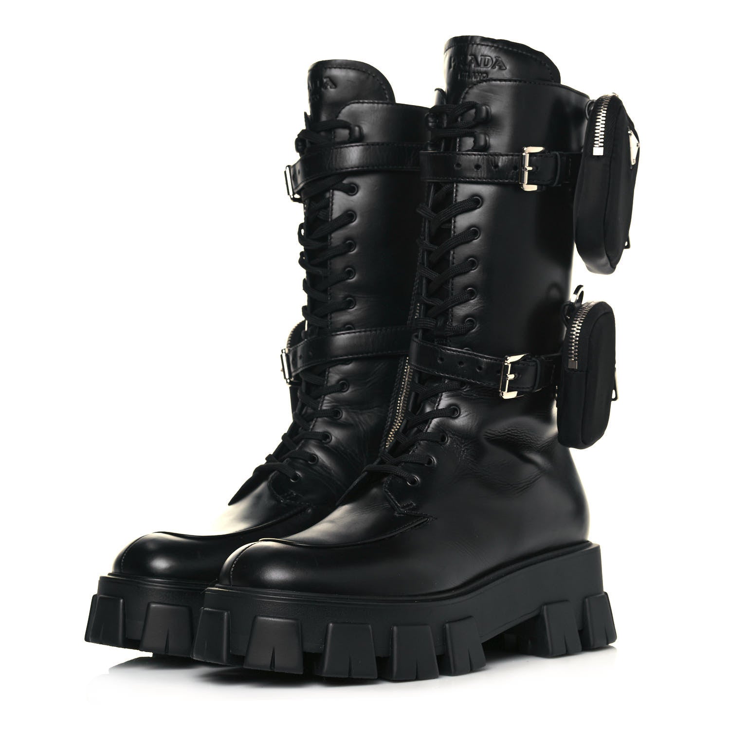 Prada Vitello Lux Nylon Metal Triangle Logo Monolith Pouch Pocket 55mm Tall Combat Boots 40.5 Black 3 of 10