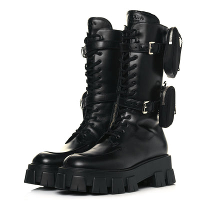 Prada Vitello Lux Nylon Metal Triangle Logo Monolith Pouch Pocket 55mm Tall Combat Boots 40.5 Black 3 of 10