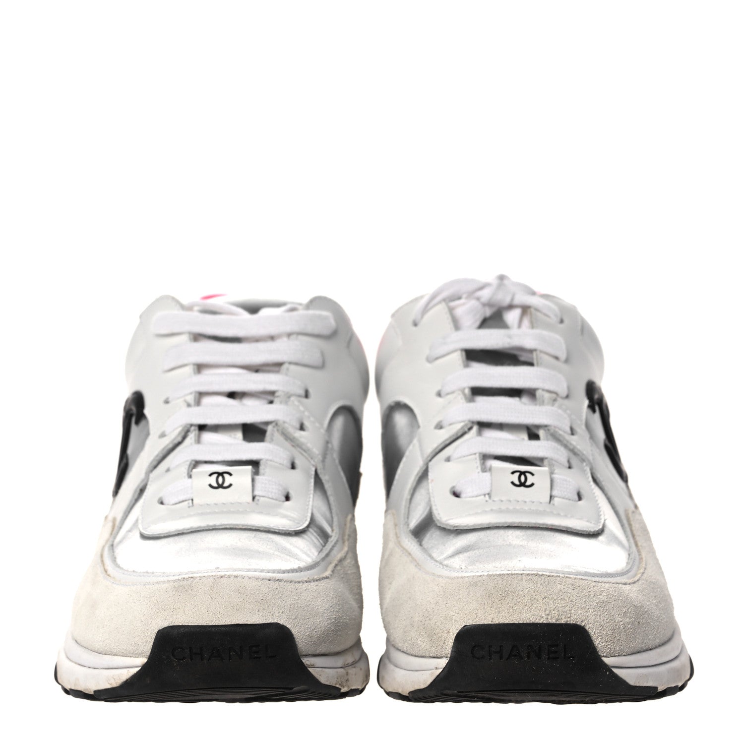 Chanel Calfskin Fabric Sneakers 40 White Silver Fluo Pink 2 of 12