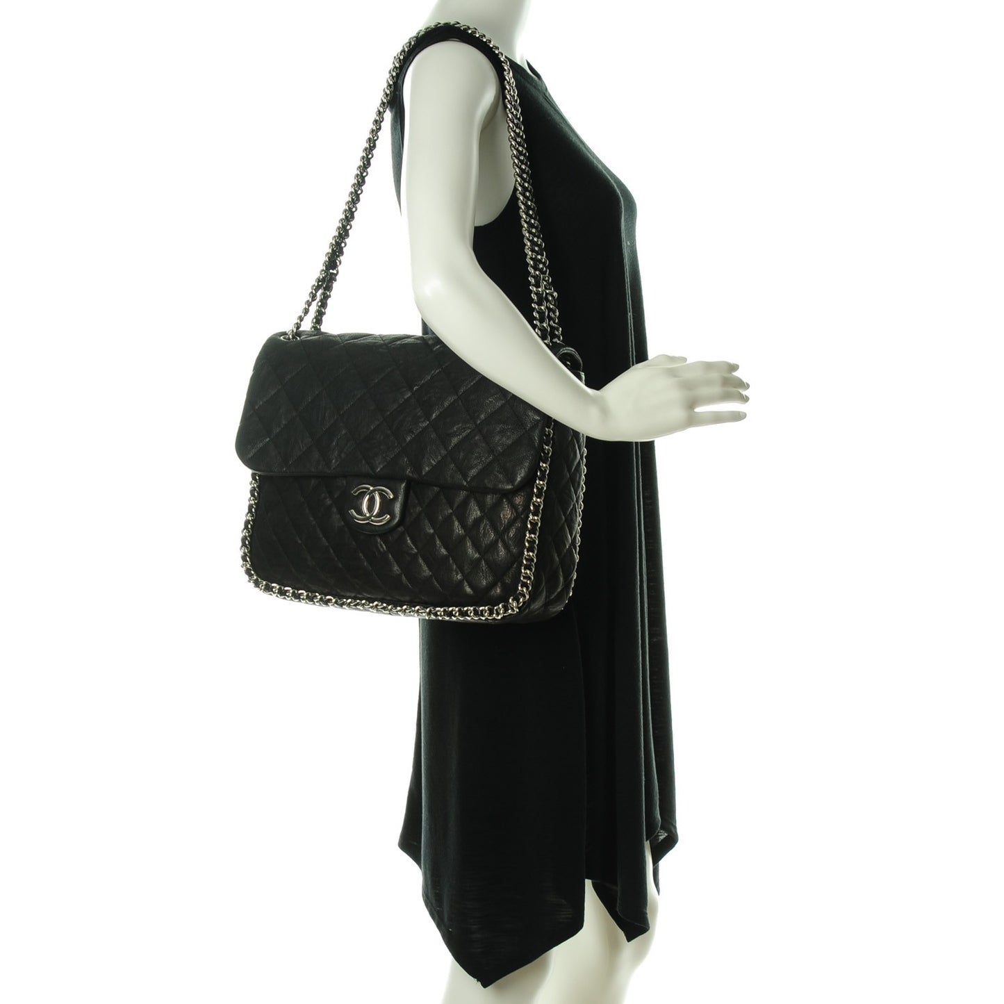 Crumpled Lambskin Quilted Maxi Chain Around Flap Black