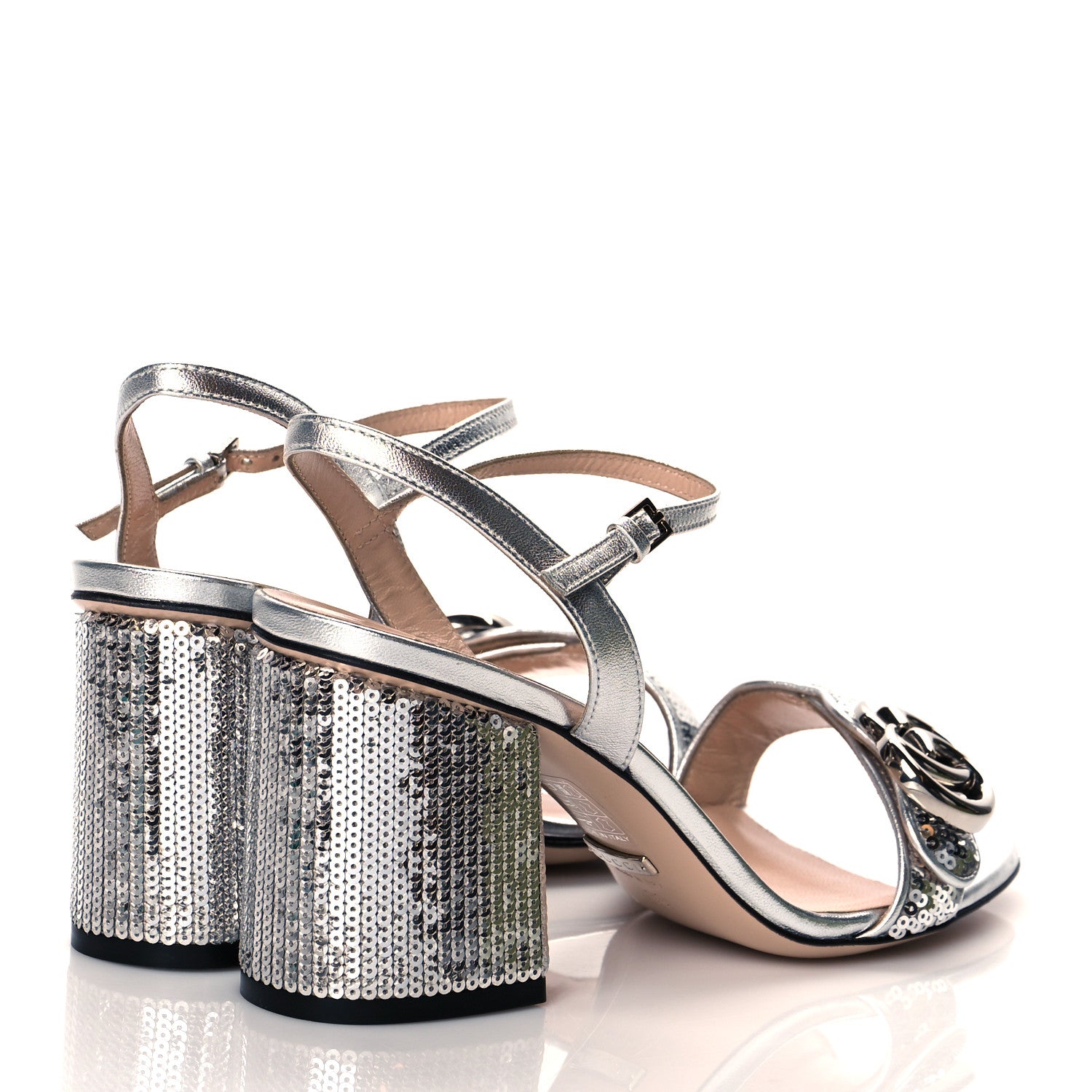 Gucci Sequin Satin Nappa GG Marmont Ankle Wrap 75mm Sandals 36 Silver Grigio Argento 3 of 9