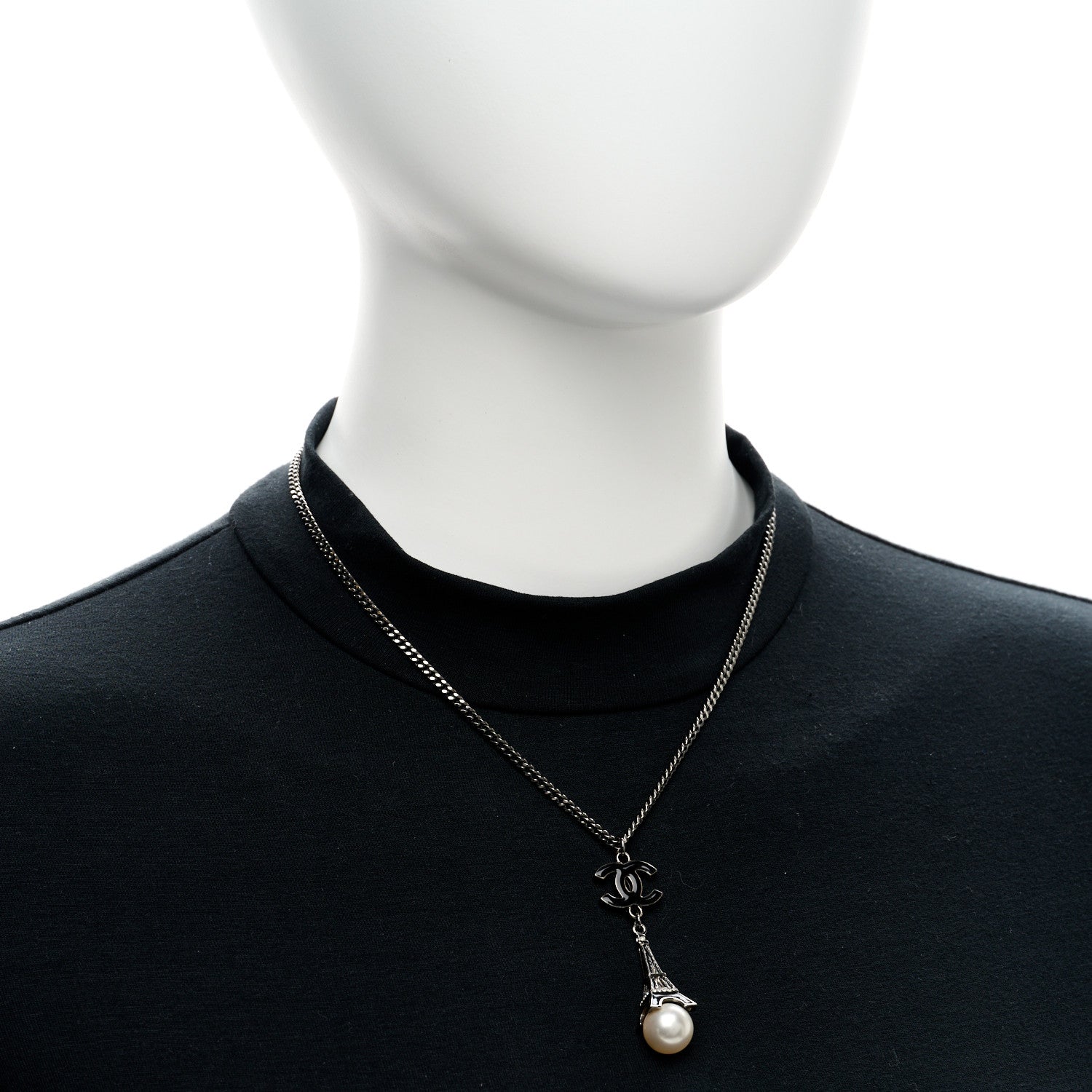 Chanel Ruthenium Enamel Pearl Eiffel Tower CC Drop Necklace Black White 2 of 7