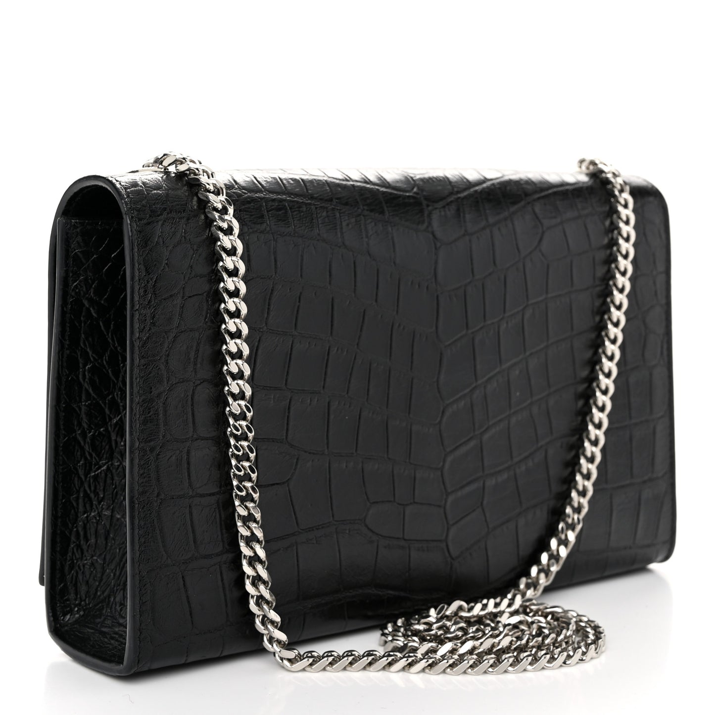 Calfskin Crocodile Embossed Medium Classic Monogram Kate Tassel Satchel Black