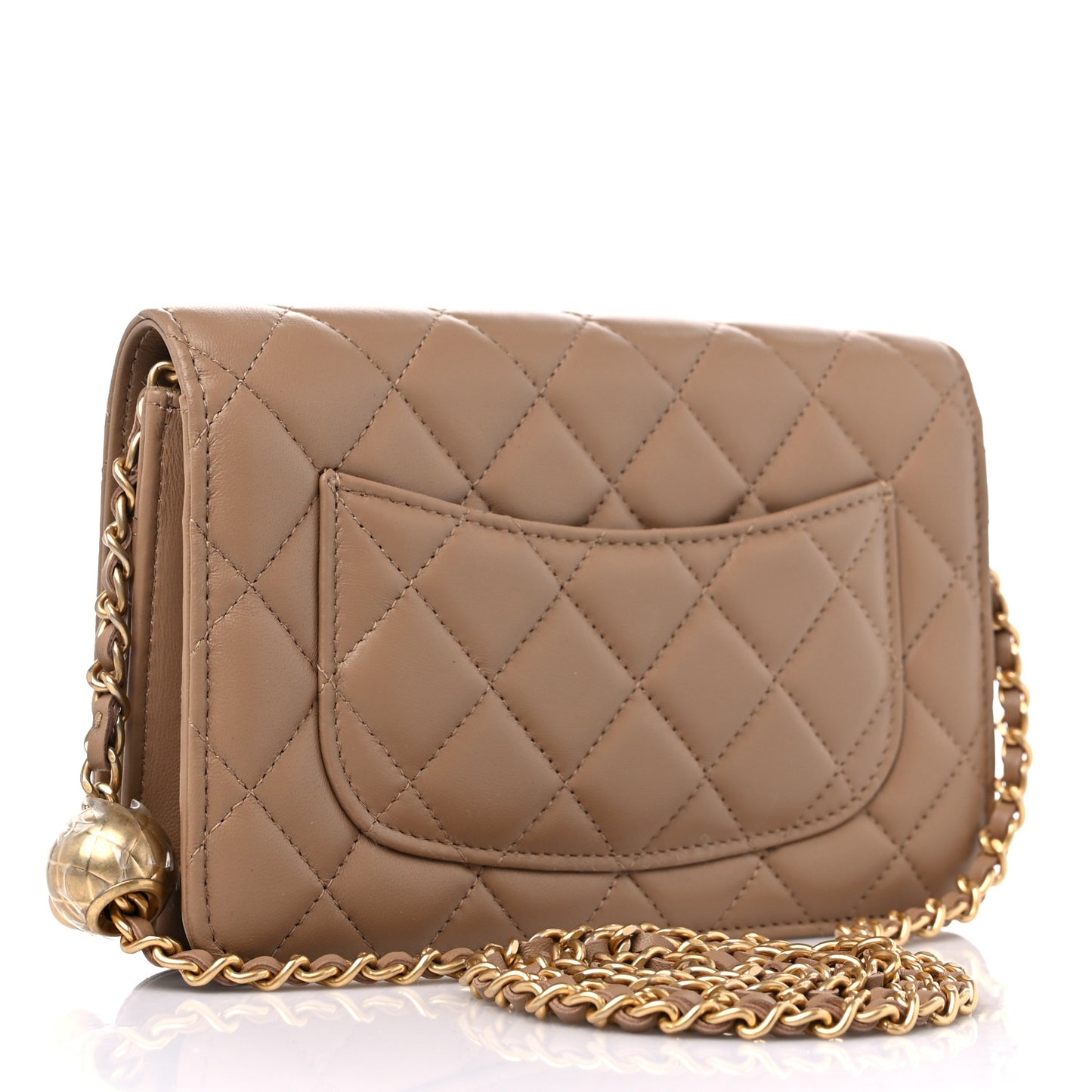 Lambskin Quilted CC Pearl Crush Wallet on Chain WOC Beige