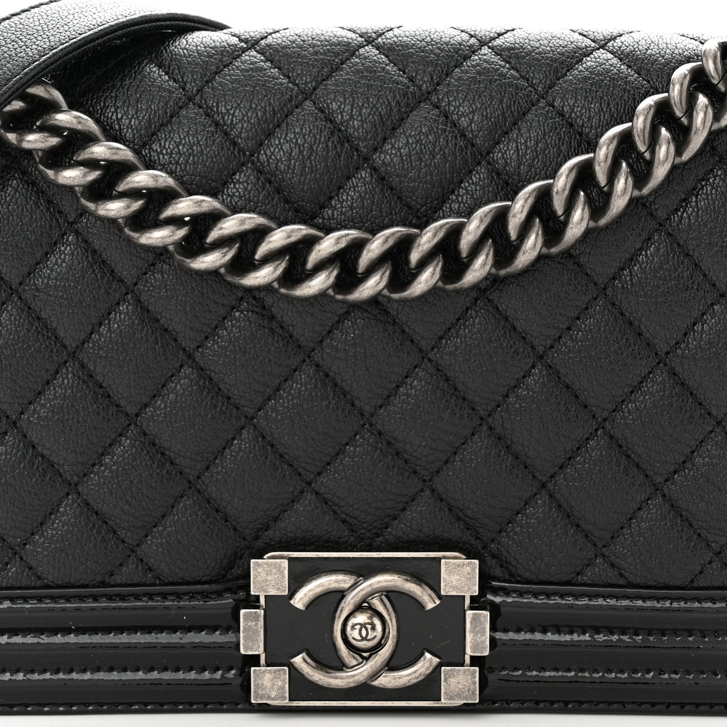 Goatskin Quilted Patent Medium Duo Boy Flap Black