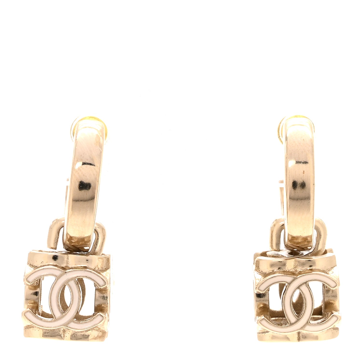 Chanel Enamel CC Cube Drop Earrings Gold White 1 of 4